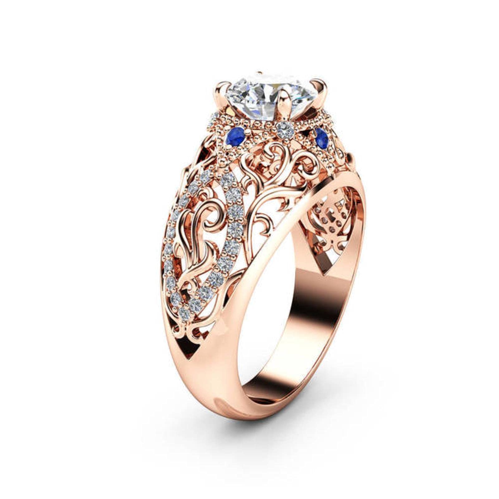 14K Rose Gold Ring for Women Wedding Jewelry Diamond And Flower Engagement Sapphire Ring Jewelry Gift