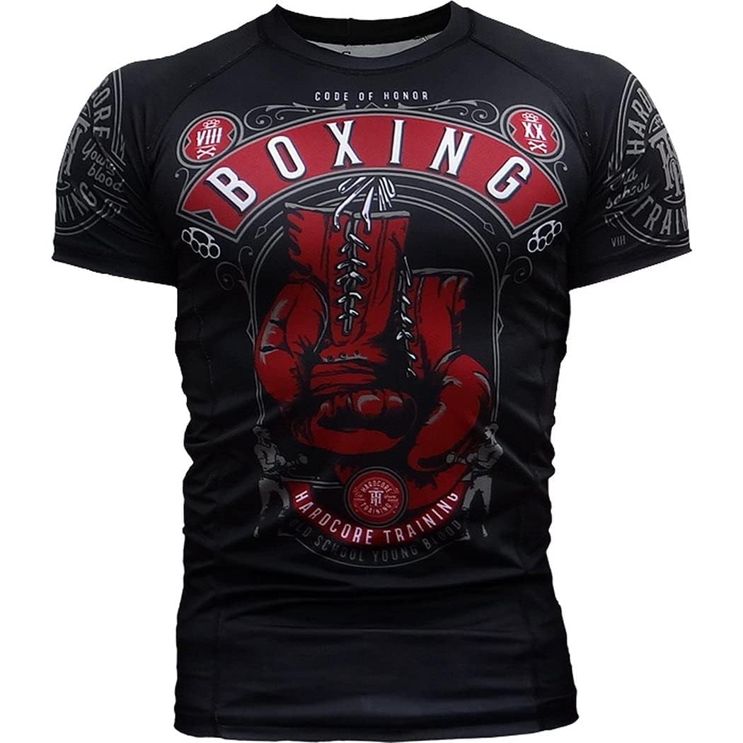 Hardcore Training Men's Black Red Burgundy Rash Guard Compression Shirt Short Sleeve Mma No-Gi Tight Bjj Grappling Base Layer Fitness
