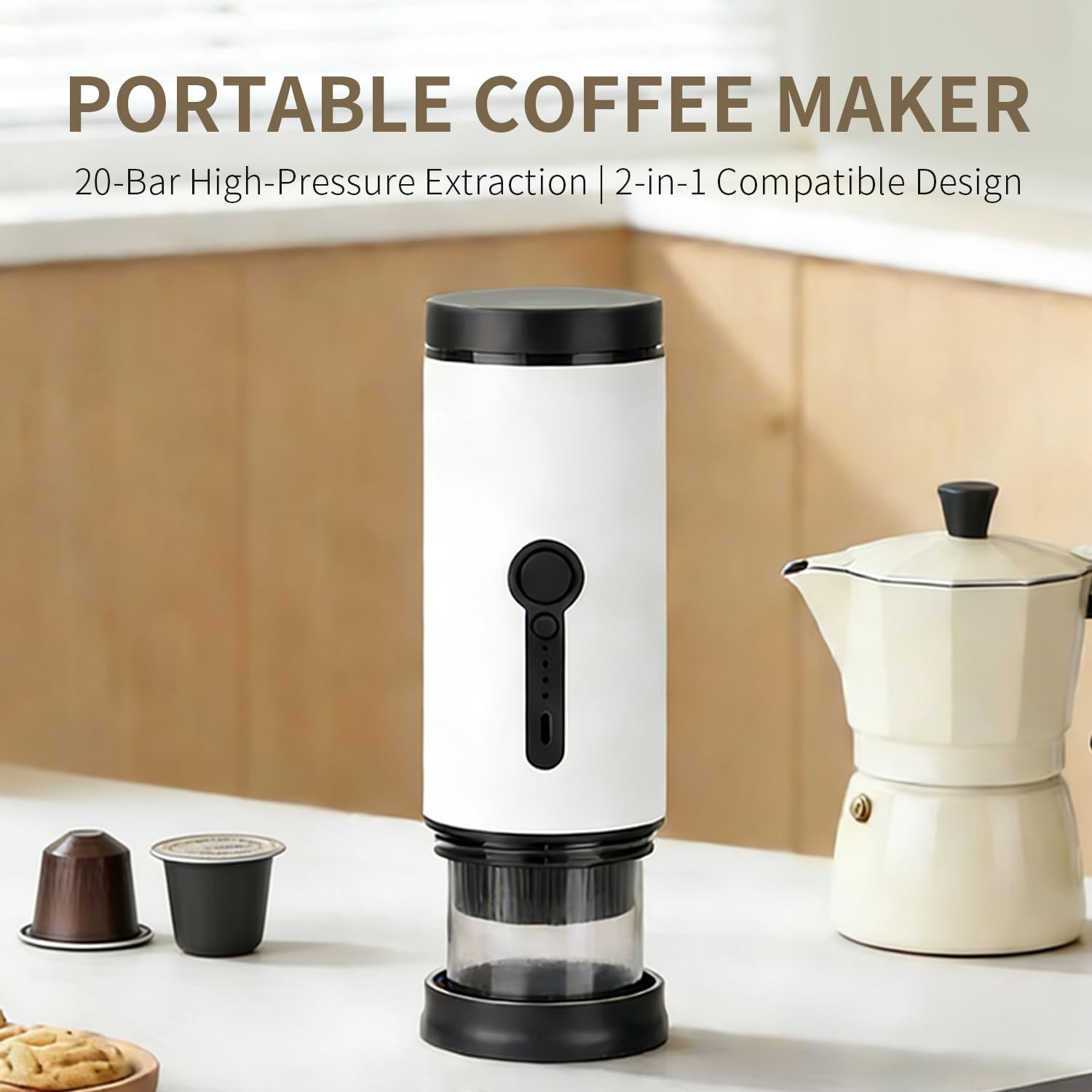 SANMAS Cafetera espresso portátil, cafetera de autocalentamiento recargable por USB-C, para viajes y camping, compatible con café molido y cápsulas, cafetera eléctrica compacta para coche, caravana