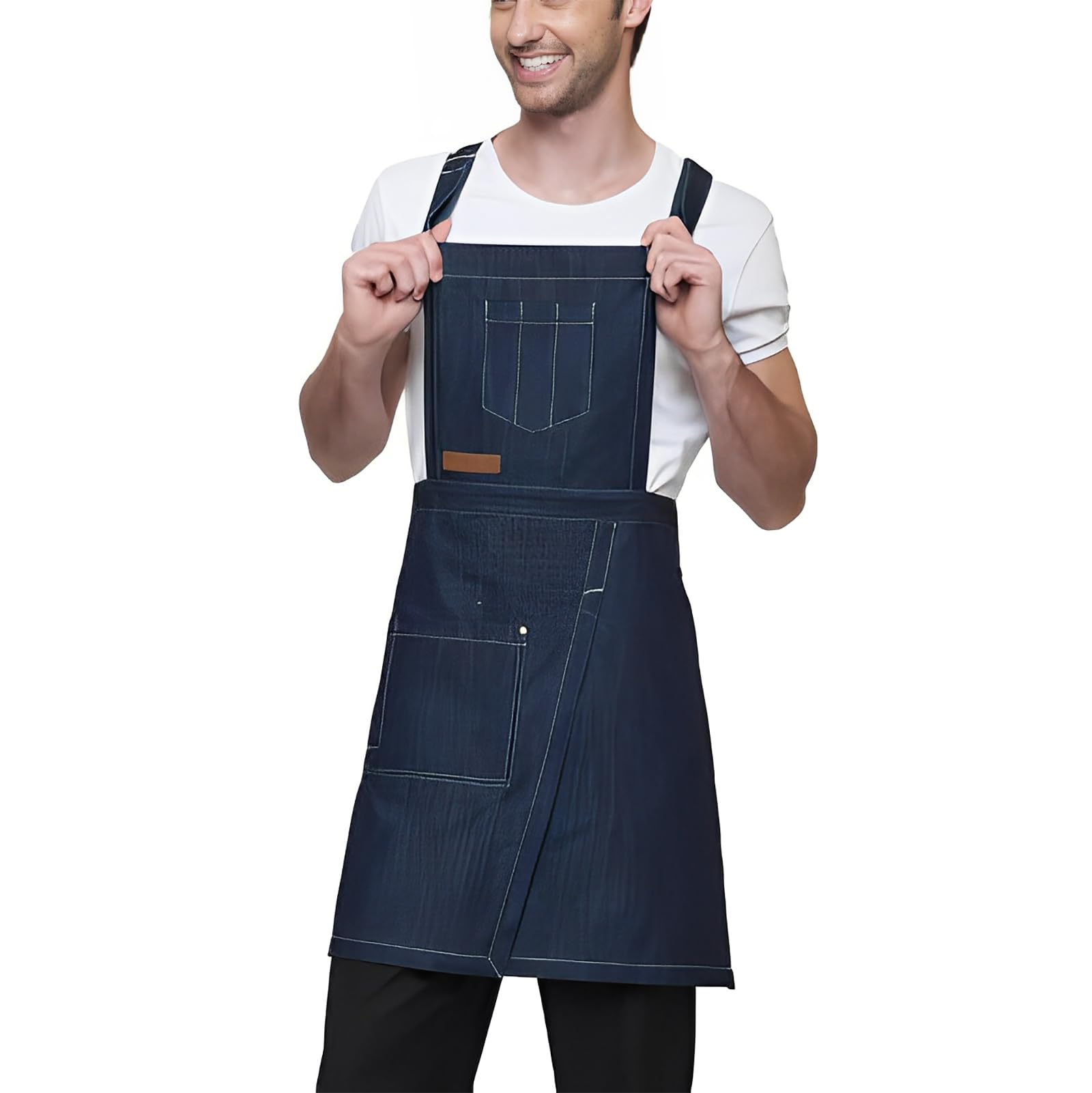 Tablier de cuisine en denim unisexe avec dos croisé réglable avec poches pour chef cuisinier peinture