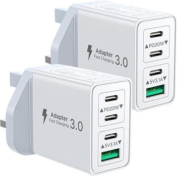 2-Pack USB C Charger, 40W USB C Plug Fast Charger 4 Port PD Type C Charging Plug+QC USBPlug UK USBC Power Adapter Multi Plugs Samsung Charging Plugs for iPhone 16 15 14 13 Pro Max XR XS, iPad,Samsung