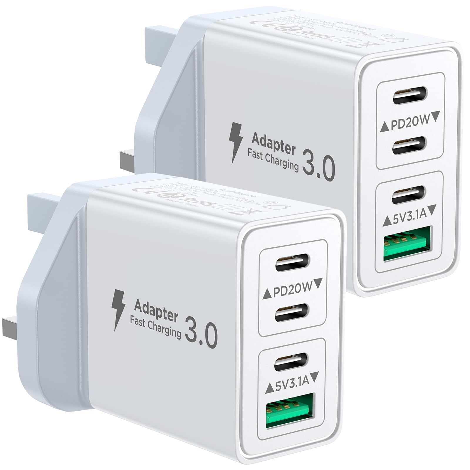 2-Pack USB C Charger, 40W USB C Plug Fast Charger 4 Port PD Type C Charging Plug+QC USBPlug UK USBC Power Adapter Multi Plugs Samsung Charging Plugs for iPhone 16 15 14 13 Pro Max XR XS, iPad,Samsung