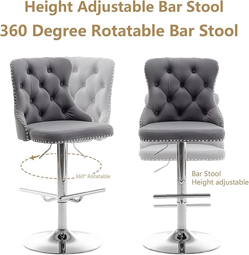 Miniatura 6 de Riknuxi Juego de 2 taburetes de bar de terciopelo, taburetes de bar de altura de mostrador con borde de botón y cabezas de clavos, taburetes de bar