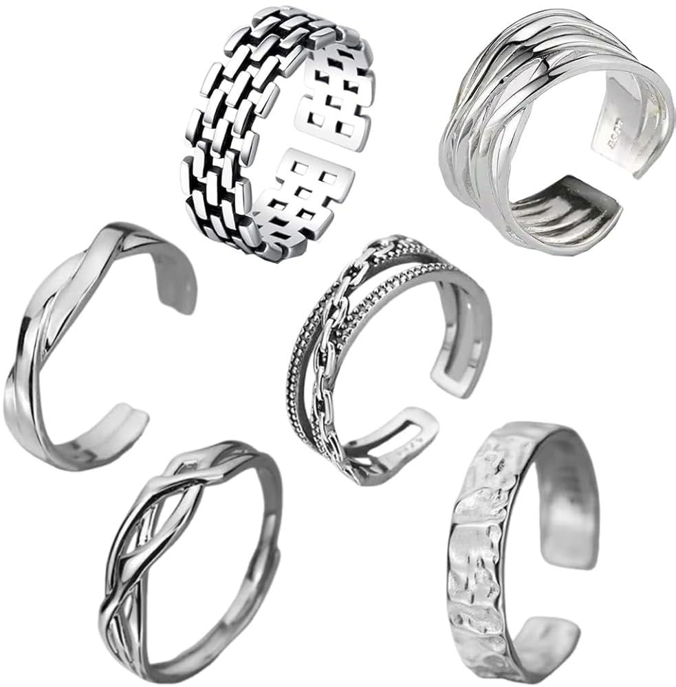 6 Pezzi Anelli Uomo Acciaio Inossidabile Vintage Regolabile Anelli Semplice Anello Impilabile Anello Mignolo Anello Aperto Dito Anelli Set Argento Anello Donna Acciaio Set