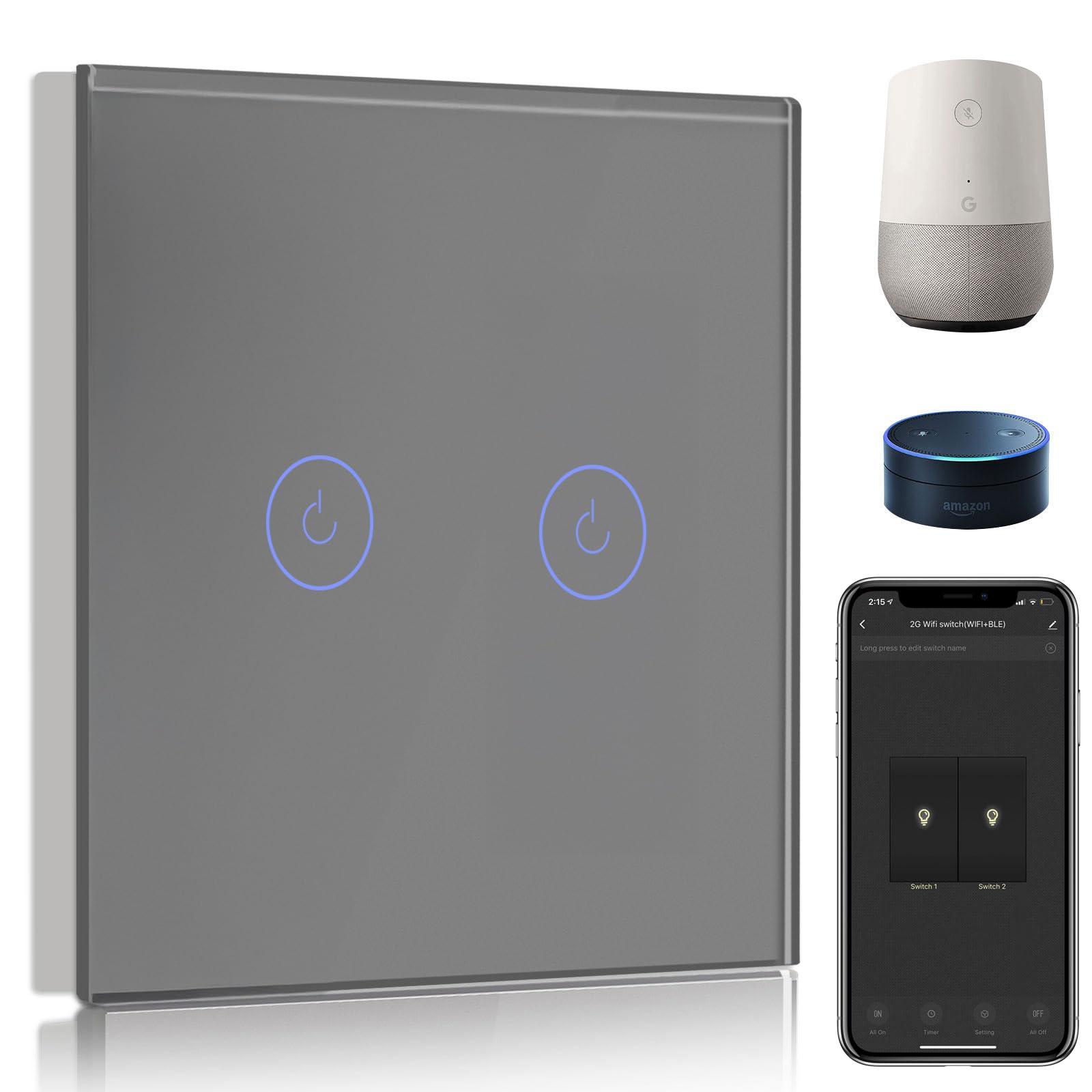 BSEED Interruptor de Pared WiFi,Interruptor Inteligente 2 Gang 1 Vía con Pantalla Táctil Gris,Compatible con Alexa, Google Home, Control de APP y Función de Temporizador【Se necesita Neutro】