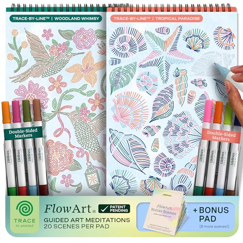 Lifelines FlowArt Activity Pads 2-Pack & Bonus Pad - Guided Tracing Art Meditations with Markers - 8 Double-Sided Markers & 48 Scenes - Trace-by-Line Coloring Books for Tweens Adults & Seniors