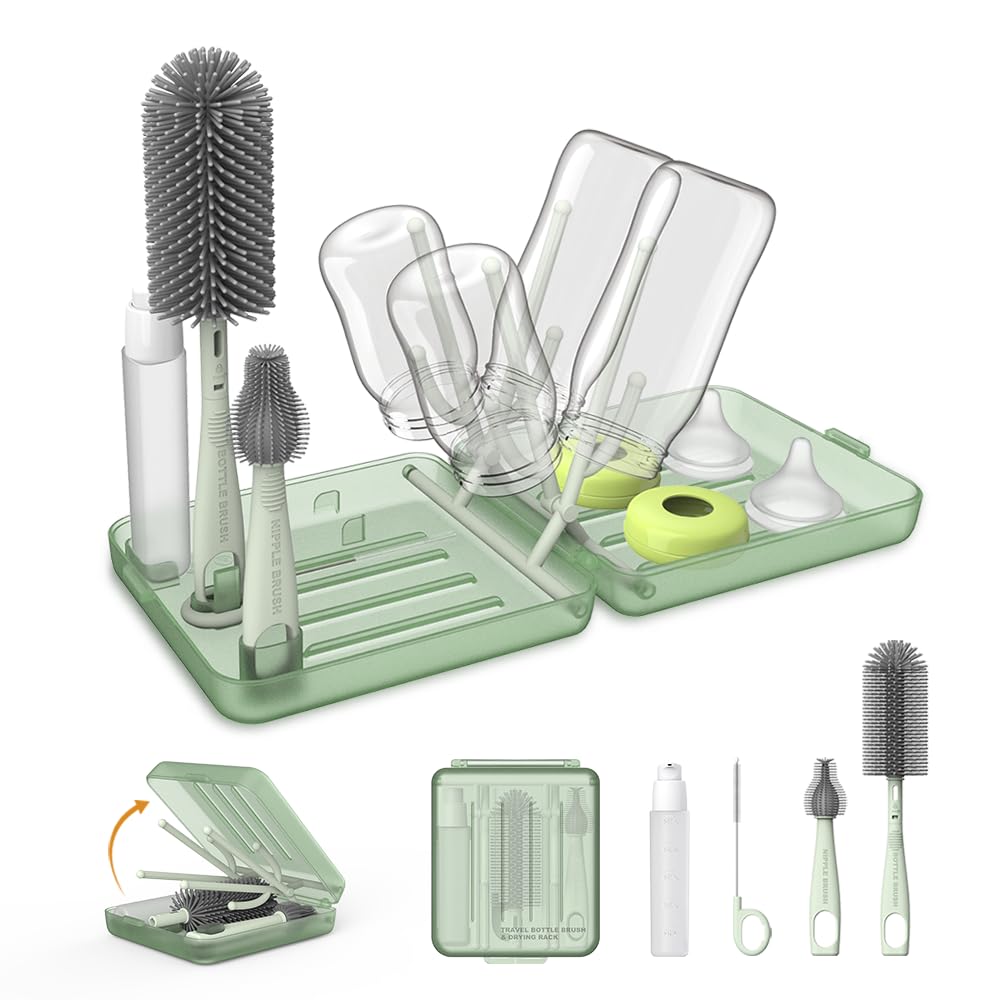 VOGOGE Travel Bottle Brush, Travel Bottle Cleaner Kit with Bottle Drying Rack, Transparent Green