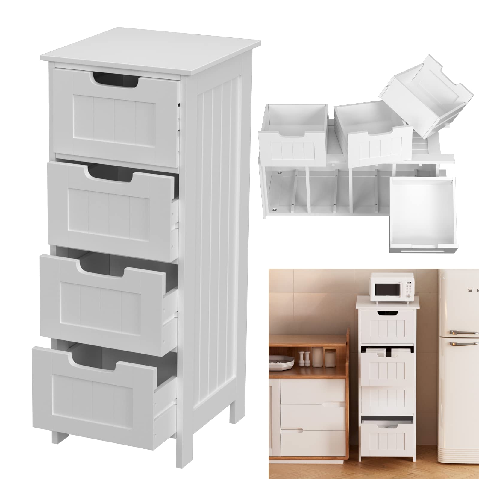 VickyHome White Medium Density Fiberboard Bathroom Drawers, 4 Tier Slim Bathroom Cabinet Tall Kitchen Bedroom Storage Unit, Freestanding Cupboard for Living Room, Bathroom, Entryway, Office