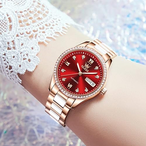 Miniatura 3 de OLEVS Relojes de mujer de oro rosa, correa de acero inoxidable de cerámica, reloj mecánico automático, calendario puntero luminoso impermeable,