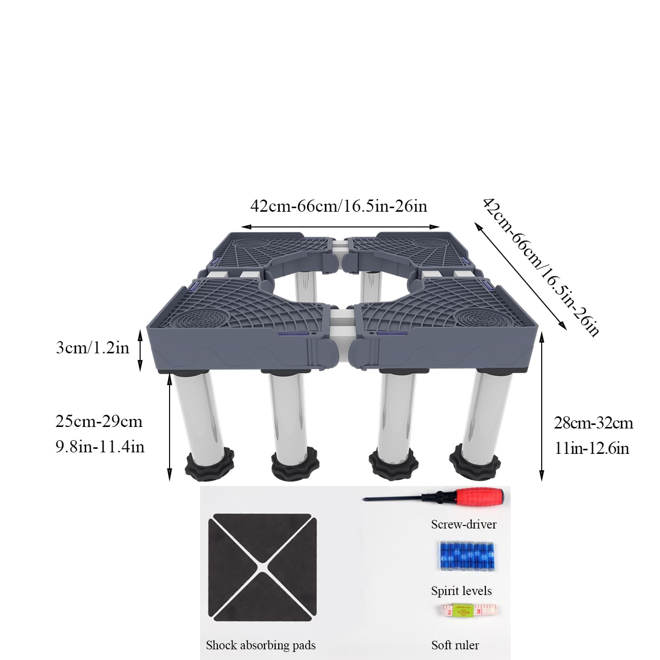 Base Ajustable para Lavadora, Soporte Lavadora Antivibracion Largo/Ancho 42cm-66cm Altura 28cm-31cm Carga de 400kg Soporte para Congelador para Lavadora Nevera Secadora 8 Pies Fijos Gray