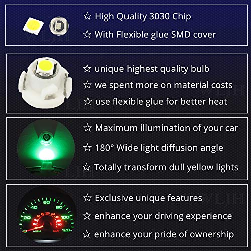 Image of WLJH 10x Green T4.2 Neo Wedge Led 3030 Chipest 10mm Base Car Instrument Cluster Dashboard Gauge Bulb HVAC AC Heater Climate Control Lamps Switch Indication Interior Light Replacement | 3030 SMD, T1.25 and T1-1 /4, 9454848, Dash Cluster and Clock Lights, Clock and Instrument Cluster Lights, 10-Pack