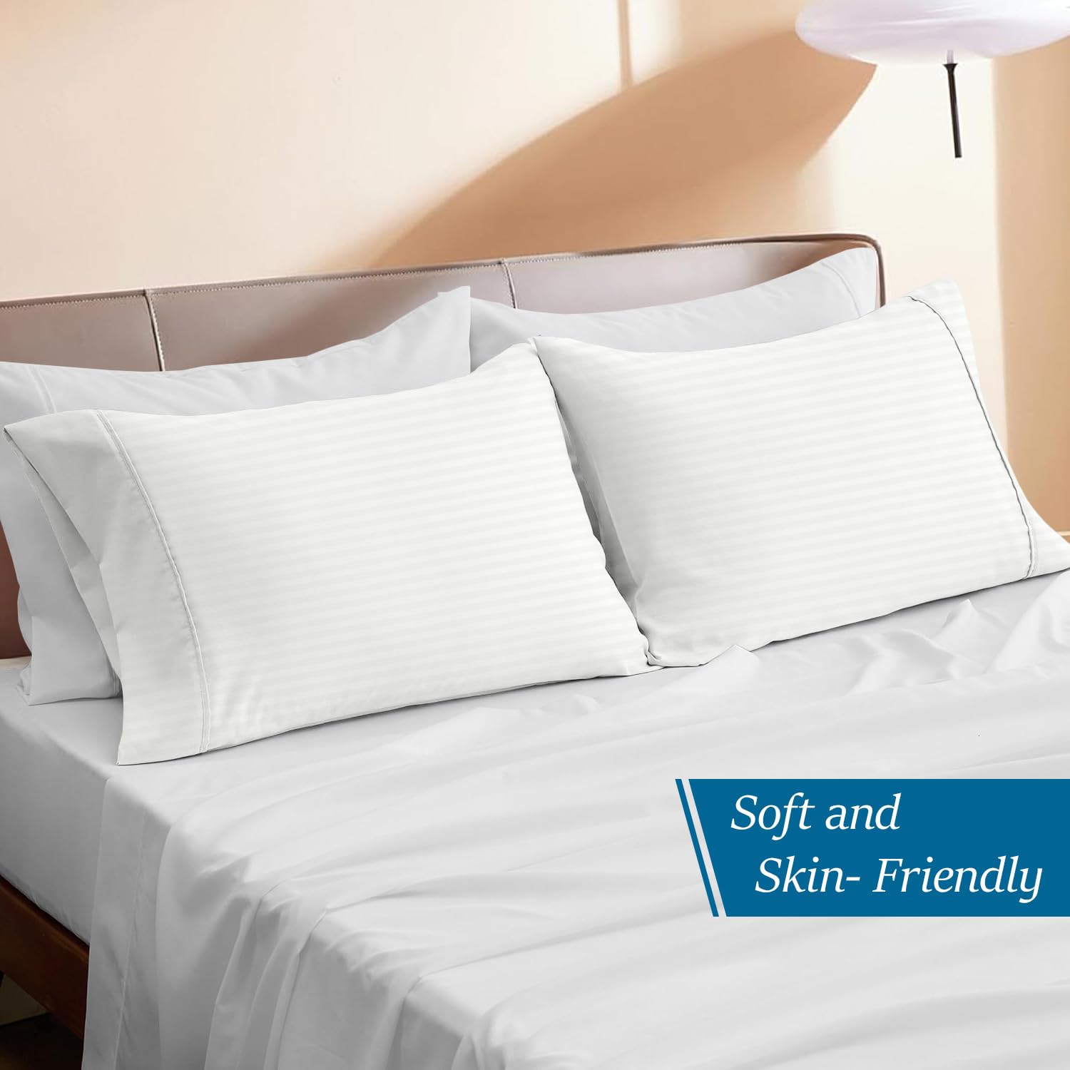 King Size 1000 Thread Count 100% Egyptian Cotton Ennvelop Closure Pillow Case Set of 2-Piece, Sateen Weave (Stripe, White)