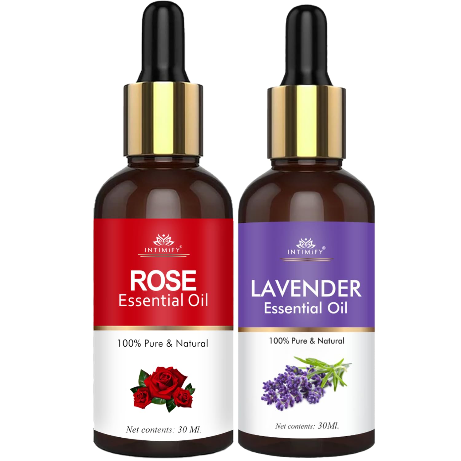 Lavender & Rose Essential Oil (30+30ml) | Combo Pack of 2 | Can Be Used For Hair, Skin, Diffuser, Sleep | For Women & Men