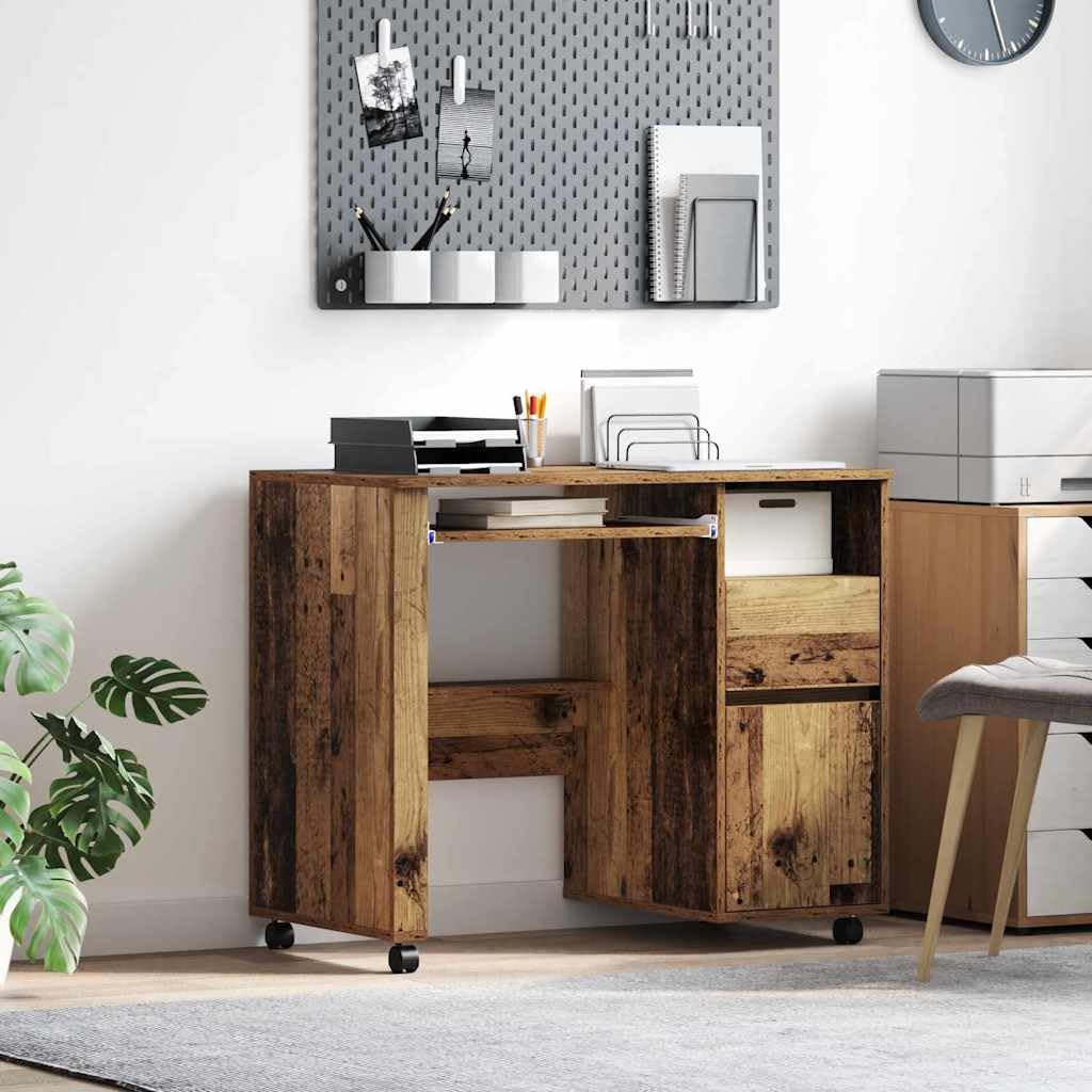 Table à roulettes en bois vieilli de style vintage avec grand plateau 91cm