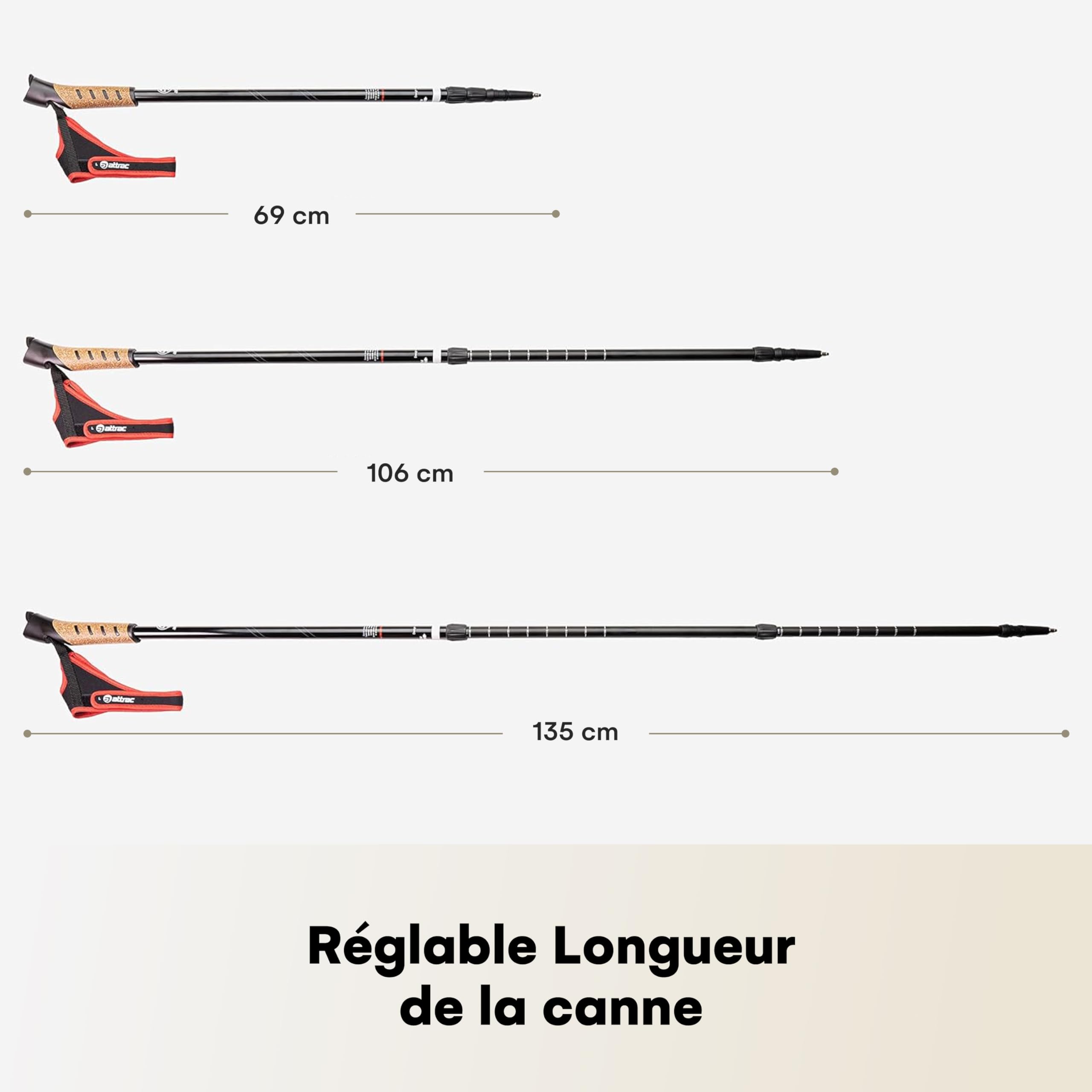 Bâtons Marche Nordique Ultra Légers 60% Carbone ATTRAC - Dragonnes Réglables (130cm)