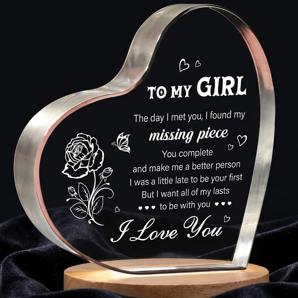 Valentines To My Girl Acrylic Puzzle Piece Heart Plaque,Romantic Keepsake Ornament for Girlfriend,Engraved Heart Keepsake Ornament for Birthday, Valentines Day,Unique Present for Couple Desk Decor