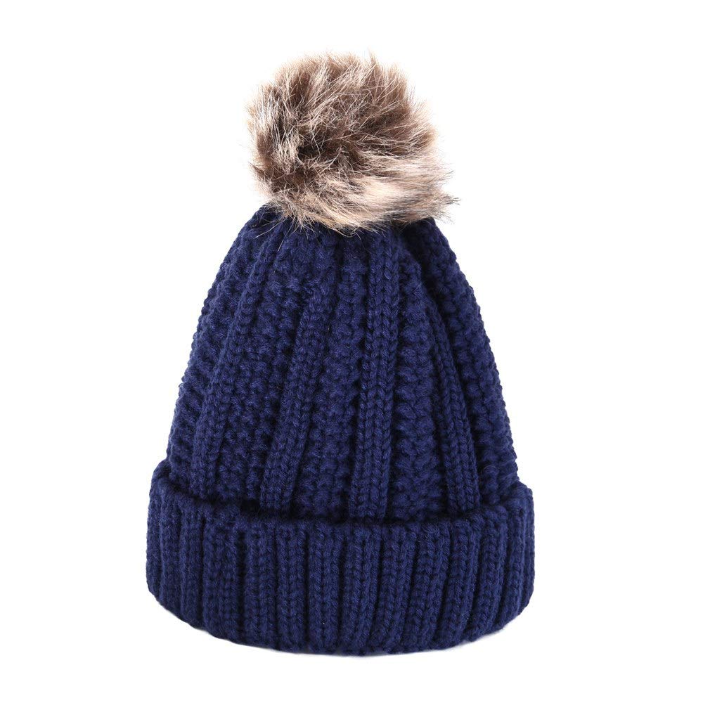 VICKSUNE Fuzzy Lined Knit Fur Pom Beanie Hat Navy