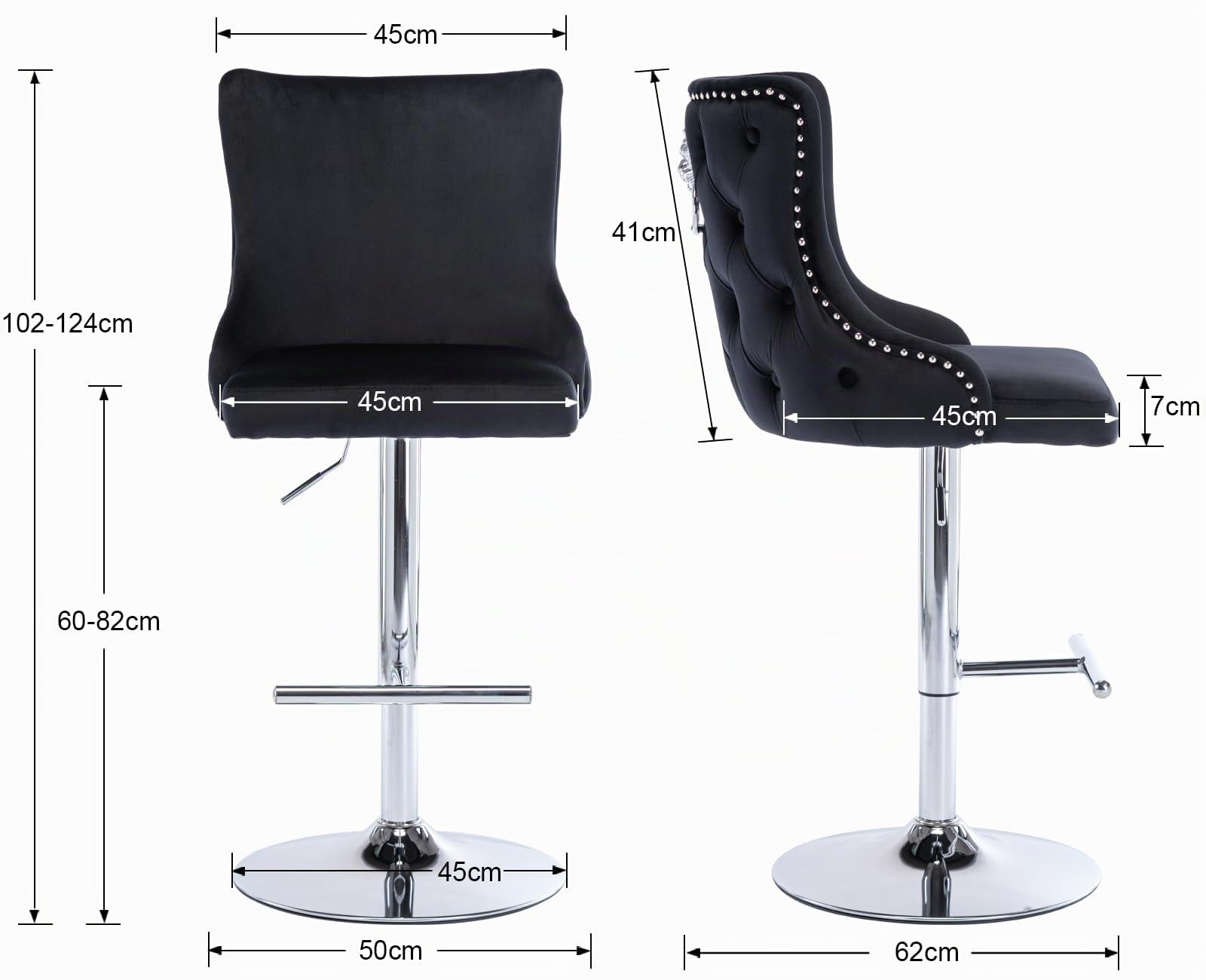 Ya-Home Samt Barhocker 2er Set, Höhenverstellbare Tresenhocker mit Löwenring-Zuggriff Gepolsterte Barstühle Moderne Küchenhocker für Küche, Theke,Schwarz