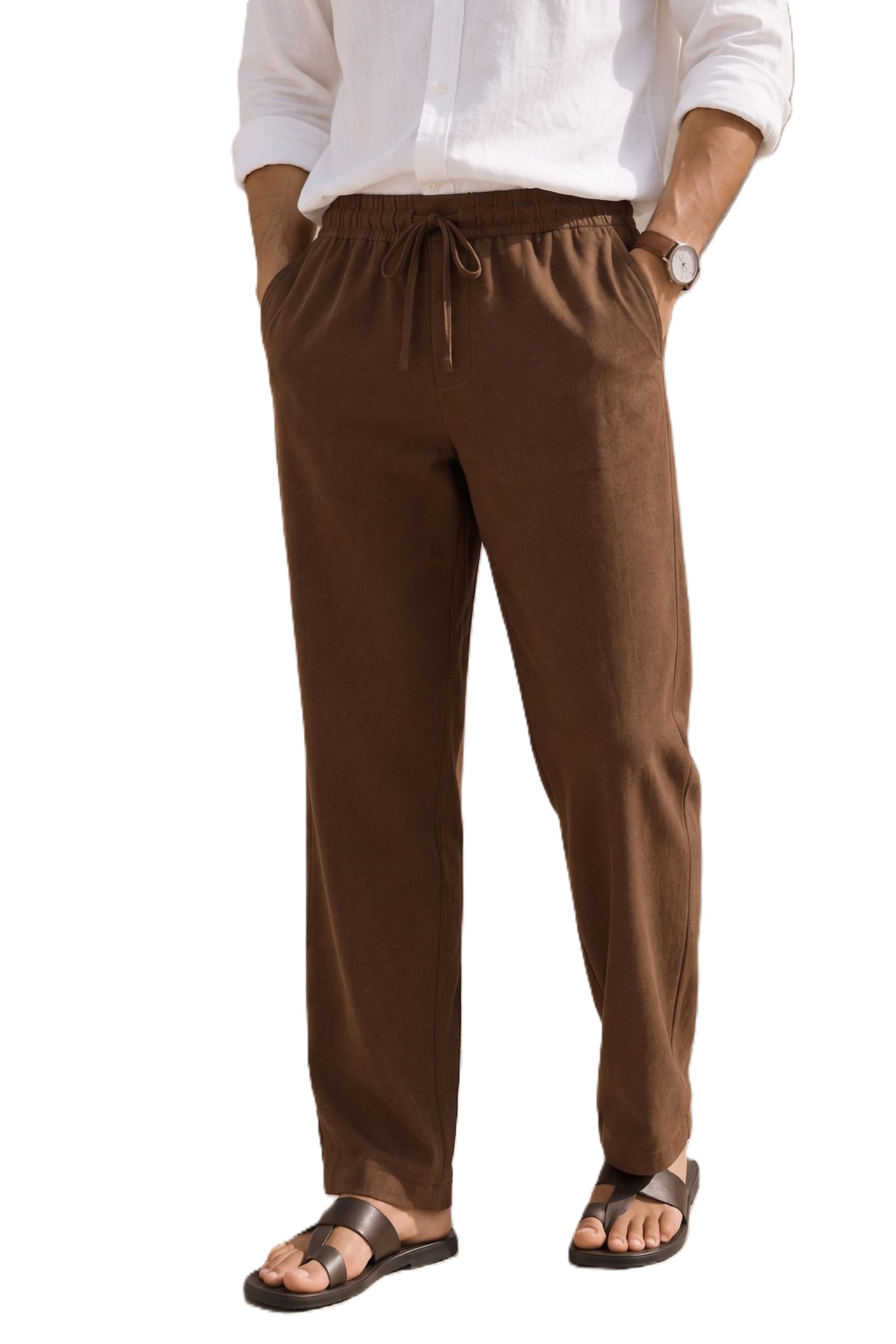 Premium Linen Blend Relaxed Fit Men Pant | Loose Fit Casual Drawstring Trousers | Elastic Waist | Breathable Summer Lounge Beach Travel Pants with Pockets Brown-picture-25