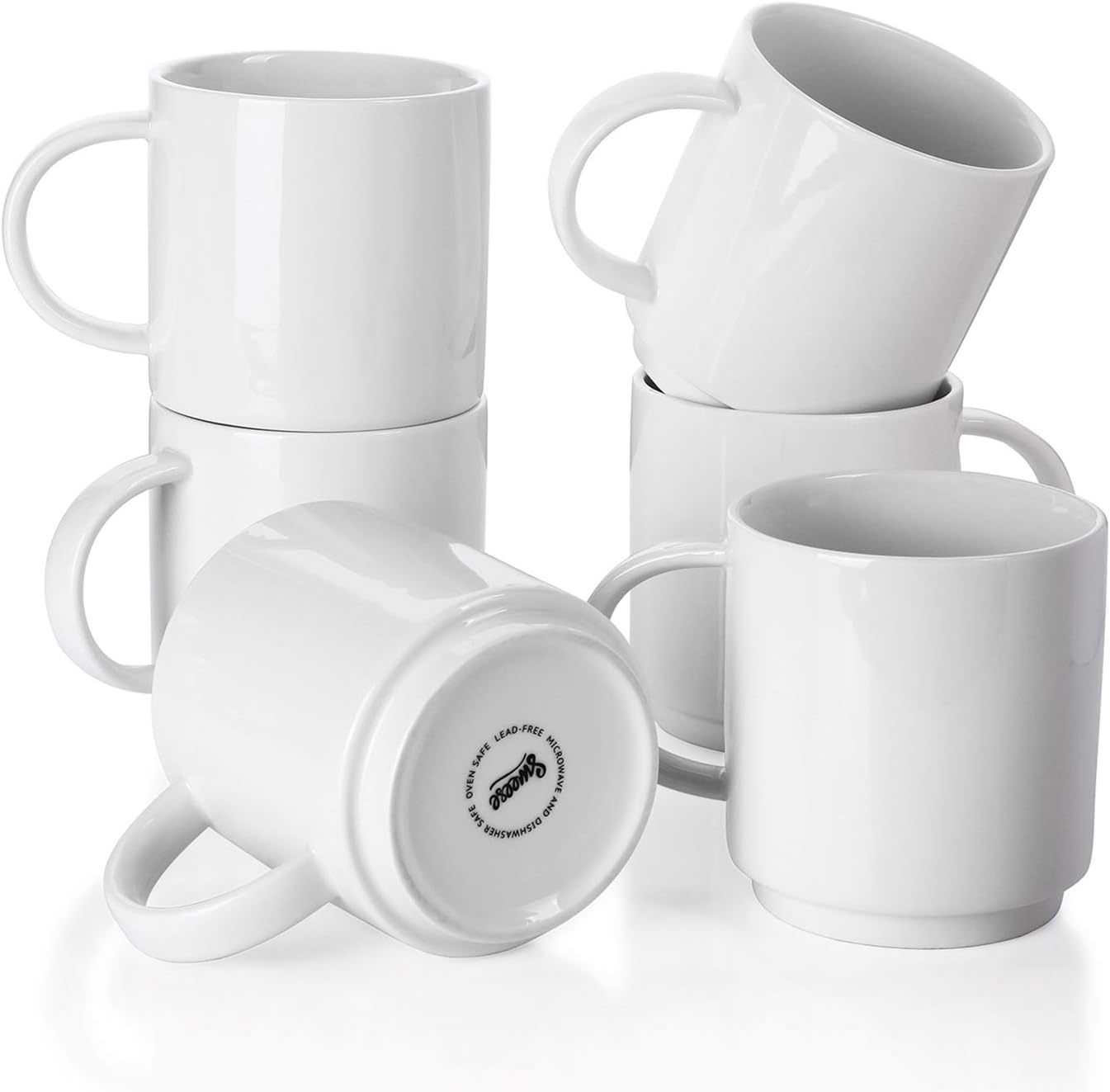 Sweese 10 Oz Stackable White Coffee Mug, Porcelain Coffee Mugs Sets of 6, Coffee Cups with Handle for Specialty Coffee Drinks, Cappuccino, Cafe Mocha, Latte and Tea, White 6 Count (Pack of 1) White