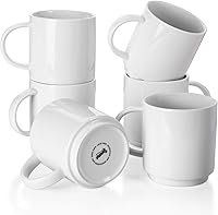 Sweese 10oz Stackable Porcelain Coffee Mugs Set of 6 - White, Dishwasher Safe Cups with Handles for Latte, Cappuccino, Tea & More
