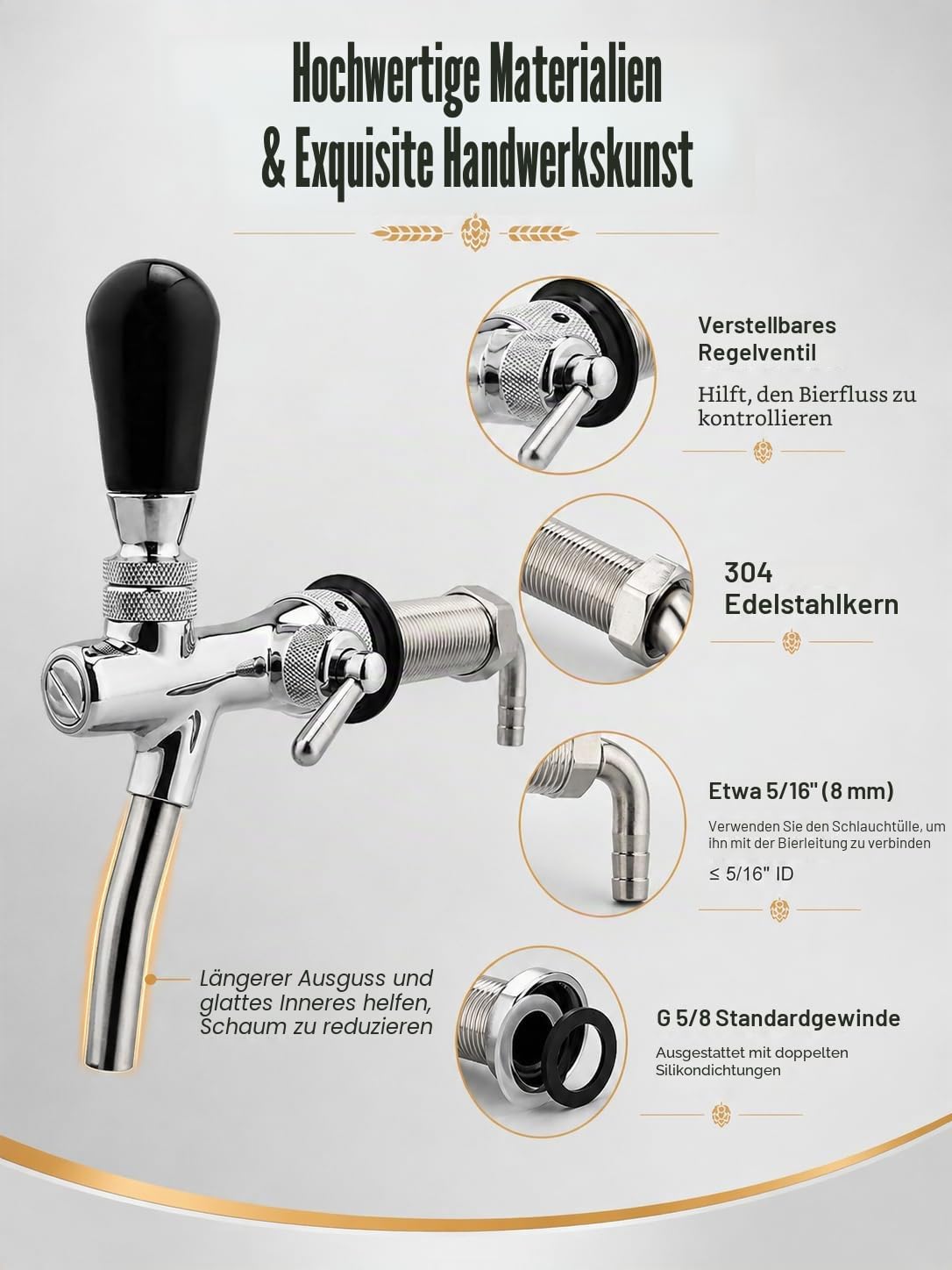 VOBOR Bier Zapfhahn, G5/8 Einstellbarer Bierhahn, Verstellbare Fassbierhahn, Brewing Zubehör für Hause Bar Restaurants