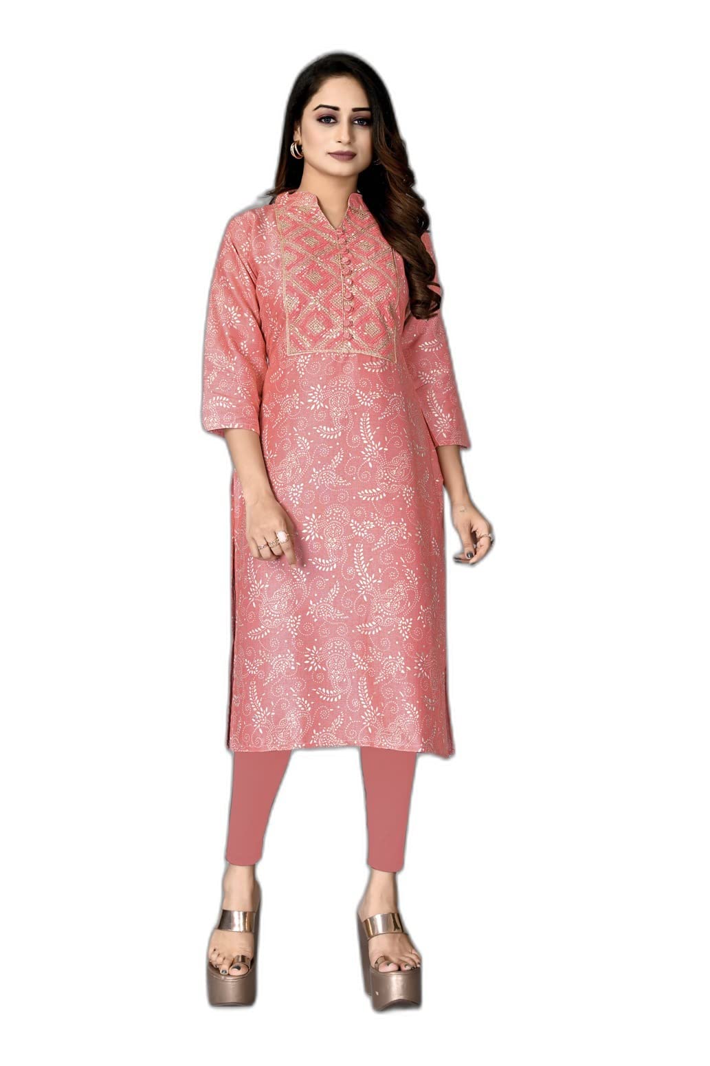 Drashti VillaWomen's Straight A-Line Mill and Foil Printed Fully Stitched Cotton 3/4 Sleeve Kurtie for Girl's