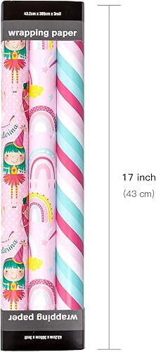Miniatura 7 de LeZakaa Rollo de papel de regalo de cumpleaños mini rollo diseño de sirenaarco irisrayas para niñas niños y mujeres 17 x 120 pulgadas 3 rollos 425