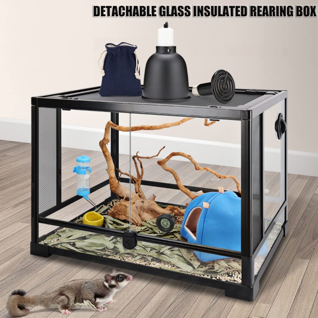 Terrario de vidrio grande para reptiles, anfibios, caja de cría de hábitat de vidrio, pantalla superior con vista completa, ventilación y diseño de bloqueo de seguridad para pequeños (negro 60x45x45cm