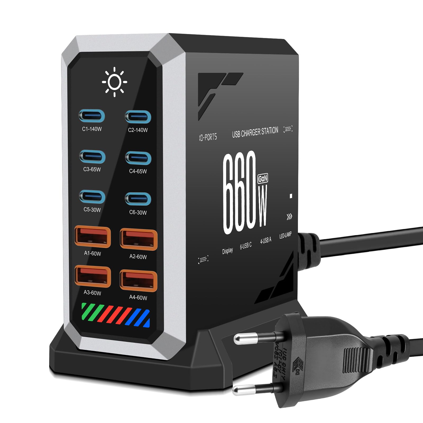 Caricatore USB C 660 W multiplo, stazione di ricarica rapida a 10 porte con 6 porte C + 4 porte A per MacBook Pro/Air, iPad/iPhone 15Pro/Samsung, ecc