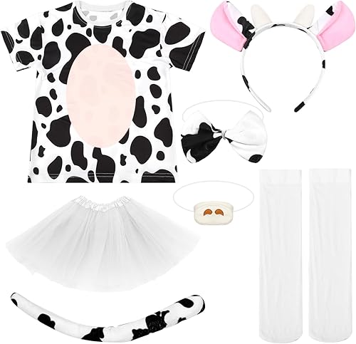 Bonuci Disfraz de vaca de Halloween para niñas y niños, incluye diadema de vaca, cola, nariz, corbatín, falda, camiseta y pegatina