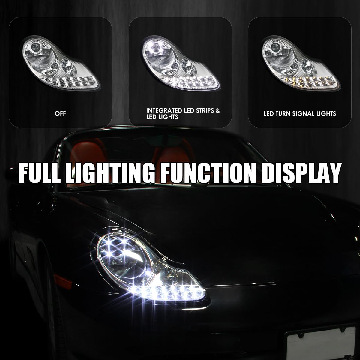 SPEC-D TUNING Chrome LED Projector Headlights w/Build-in Fog Lamps Compatible with 1997-2004 Porsche Boxster 986, 1997-2001 Porsche 911 996, Left + Right Pair Headlamps Assembly