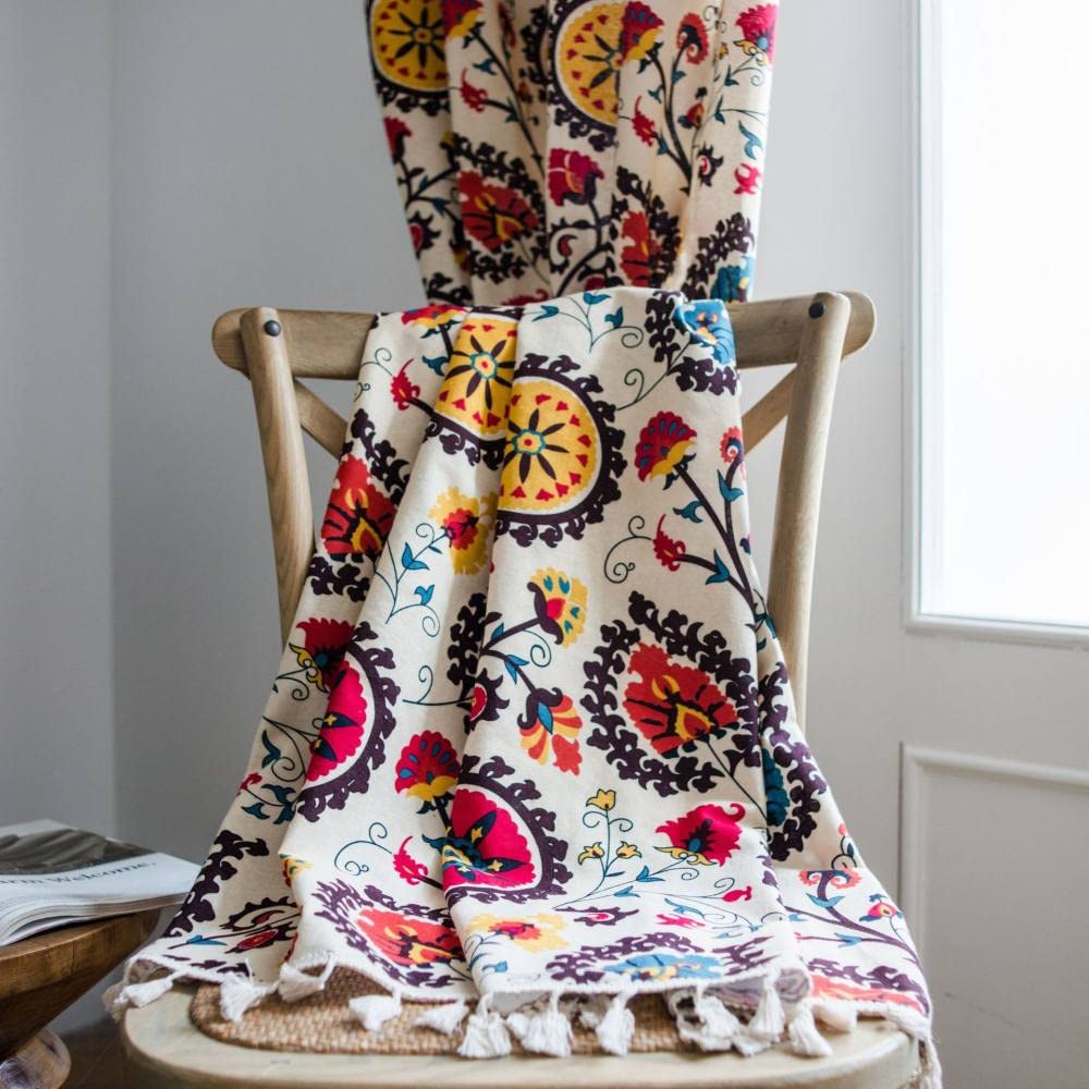 Zasłony do salonu, zasłony zaciemniające Boho 2 panele egzotyczne kolorowe mandala z nadrukiem kwiatowym frędzle bawełniana pościel zaciemniająca (2x szer. 59xdł. 63 cale