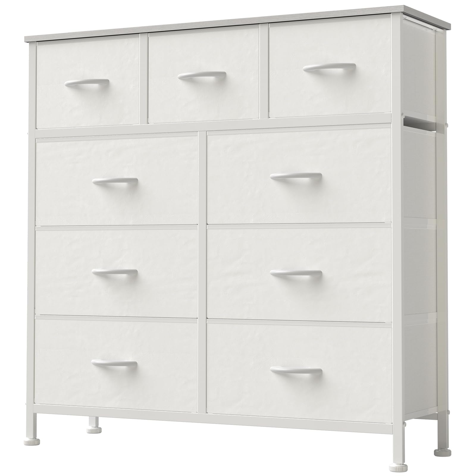 DUMOS Dresser for Bedroom, Storage Organizer with 9 Drawers, Chest of Drawers with Fabric Bins, Sturdy Metal Frame, Wood Tabletop for Guest Room, Closet, Entryway, White
