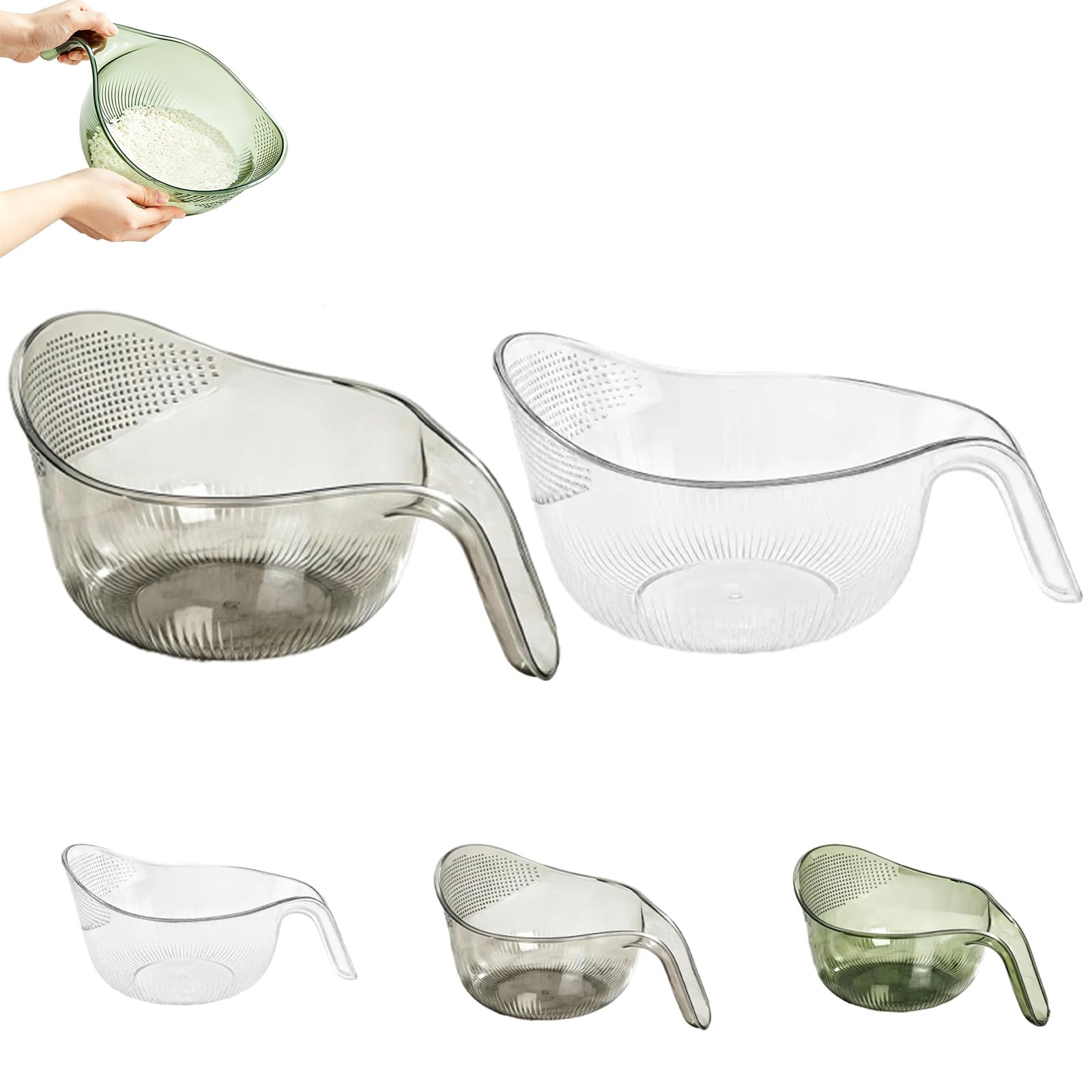 Multipurpose Rice Washing Bowl Strainer, Rice Washing Bowl with Strainer, 2-in-1 Colander for Rinsing Rice Vegetables Fruits, Plastic Kitchen Tool with Comfortable Handle (2B)