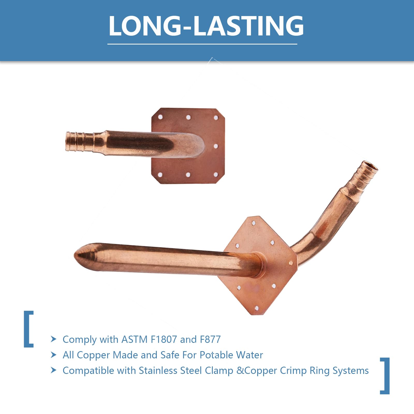 Codo de cobre de crimpado PEX de 1,27 cm con brida de pared, 10 unidades de codo de 6 pulgadas de longitud, ASTM F1807