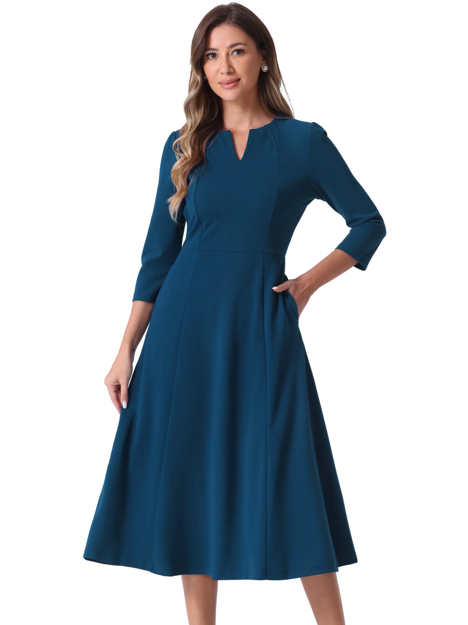 Allegra K Women's 3/4 Sleeve Dresses V Neck Elegant A-Line Work Business Formal Midi Dress with Pockets