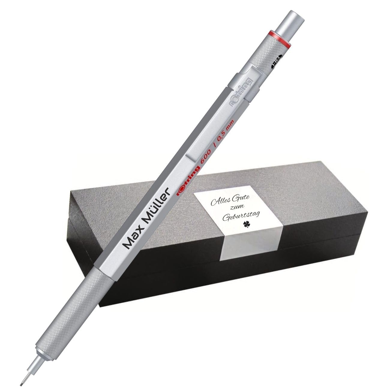 rOtring 600 portaminas – Caja de metal – Grabado personalizado – Portaminas de alta calidad con estuche – Personalizable – Idea de regalo para hombres y mujeres (plata)