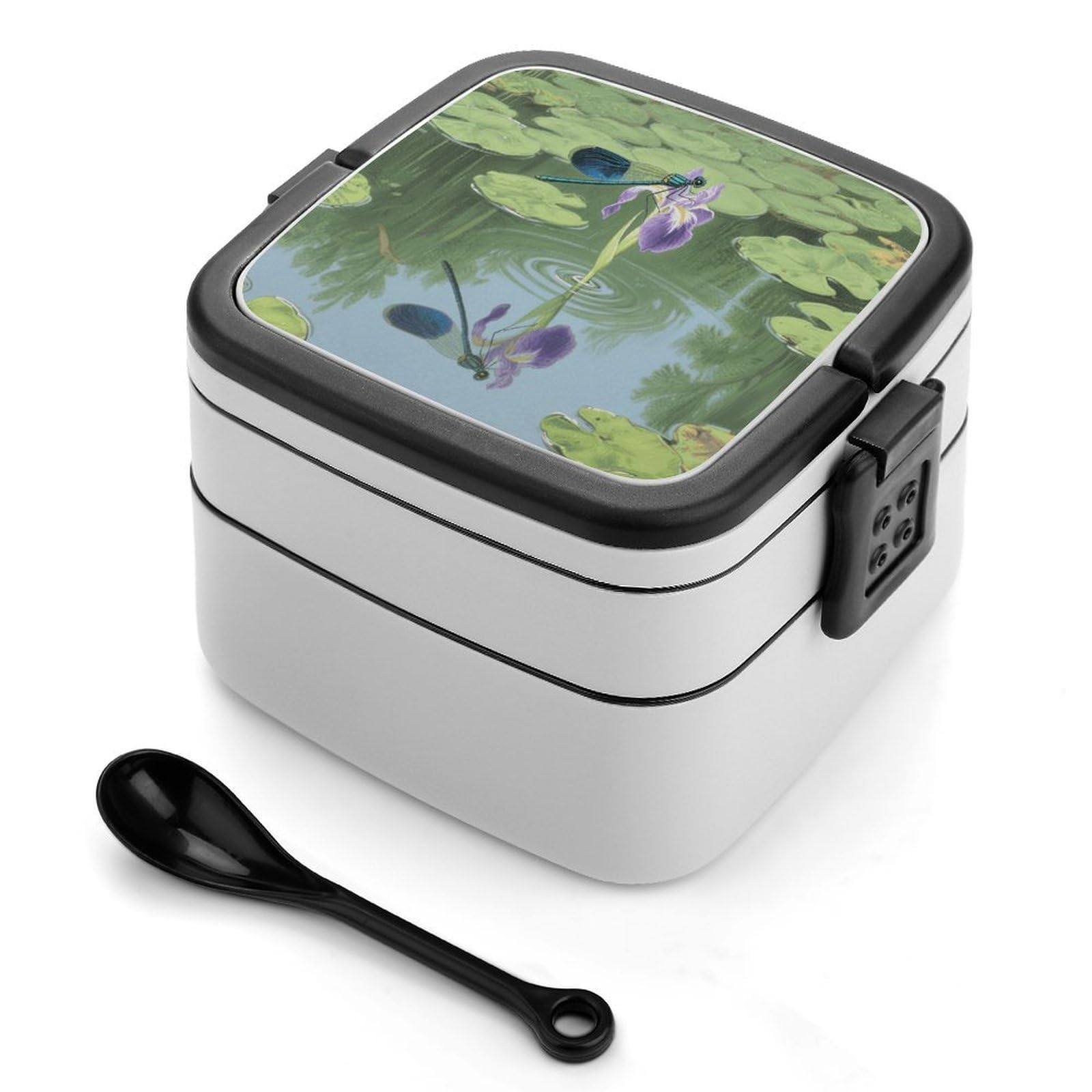 VstaDank Dragonflies Bento Box with Compartments Portable Lunch Containers with Spoon Leak Proof Bento Lunch Box Snap-On Design Double-Layer Insulated Lunch Boxes for Work Camping