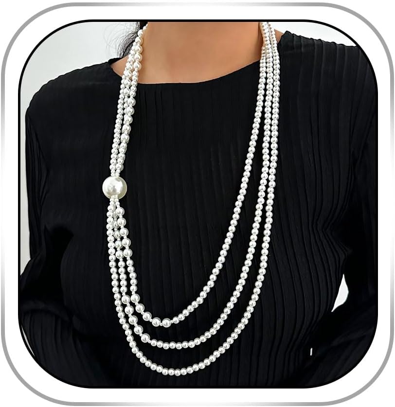 Long Pearl Necklace Layered Faux Pearls Necklaces Prom Dainty Pearl Strand Jewelry for Women