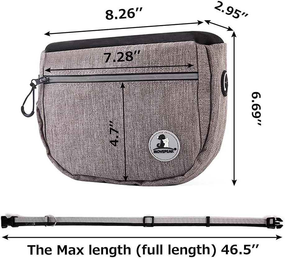 Pet Dog Treat Pouch Waist Bag, Auto Closing Waterproof Oxford Adjustable Training Belt Bags with Poop Bag Dispenser + Dog Collapsible Bowl for Dog Cat Running, Walking, Feeding (Grey)