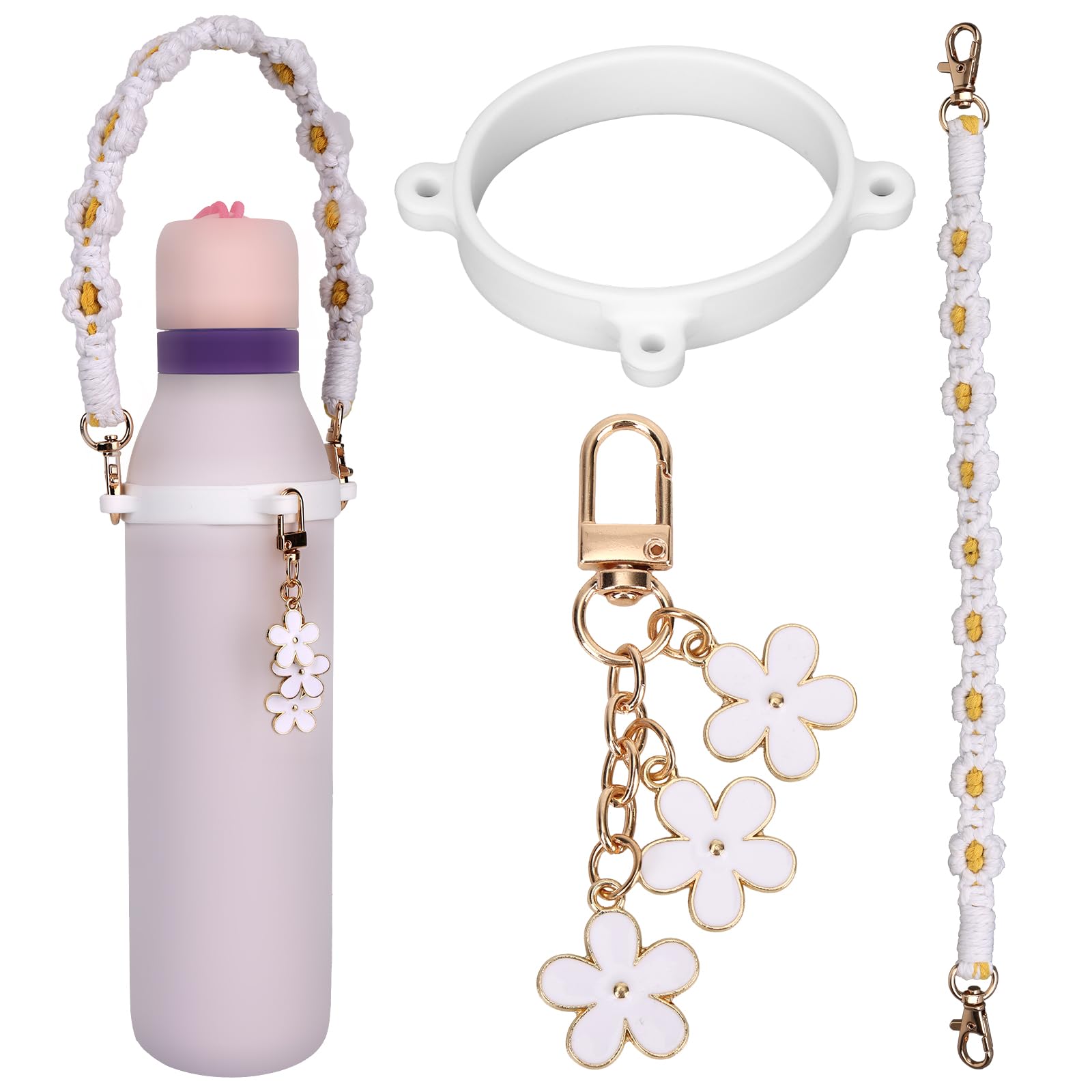 lasuroa Water Bottle Handle Charm Strap, Handle Strap and Charm Set for Owala Keychain Carrying Chain Cup Sleeve Included Compatible with Owala 24/32/40oz Water Bottle Decorations (White)