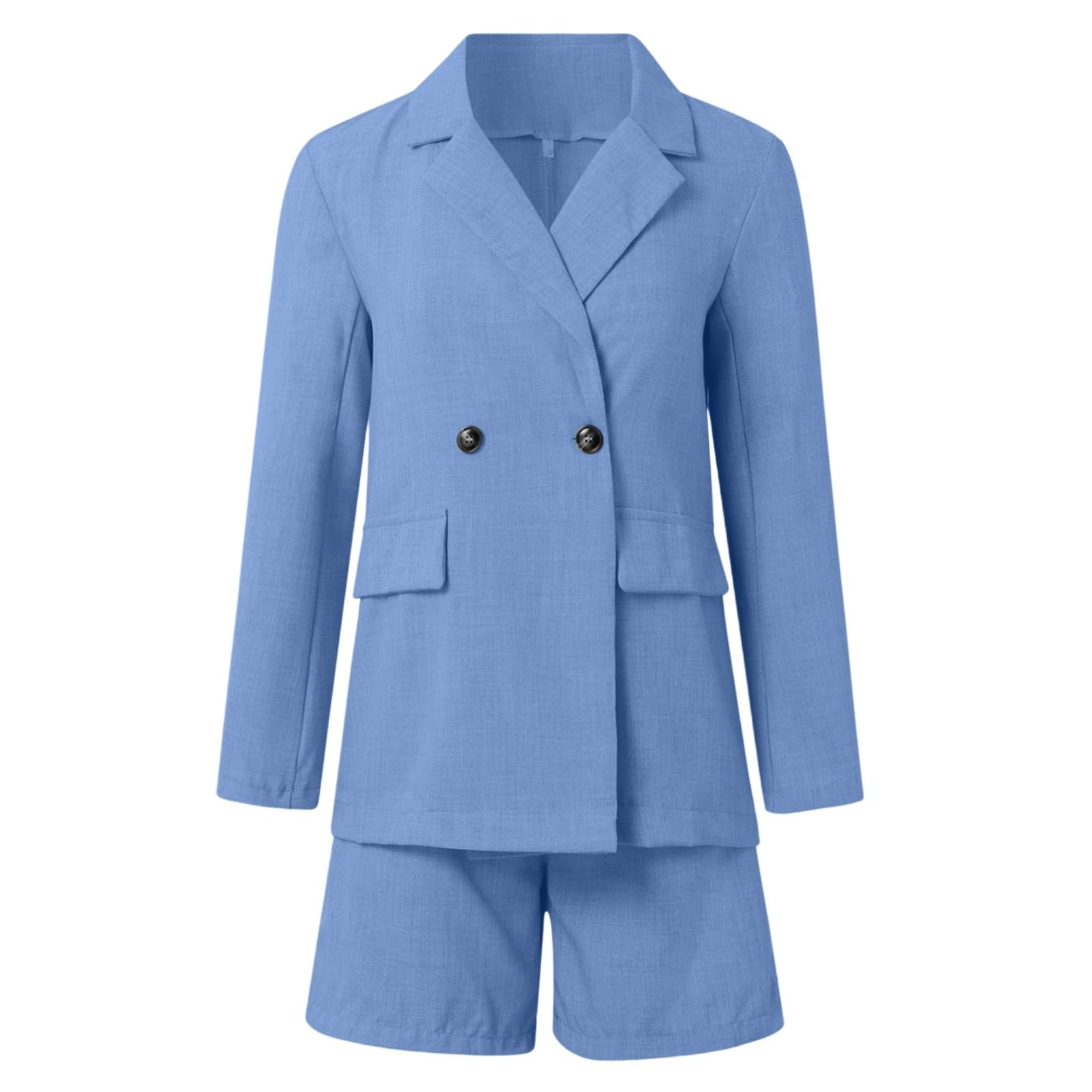 Damen-Shorts-Anzug-Set, lässiges Outfit, Knopfleiste vorne, reine Farbe, bequem, Stretch, Arbeitskleidung, Frühling, Herbst, Winter # L