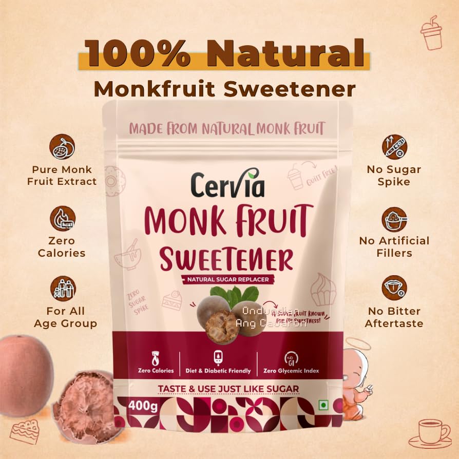 Image of Cervia Monk Fruit Natural Sweetener 400g | 100% Natural Sugar Replacement | Zero Calories | Zero Glycemic Index | No Blood Sugar Spike | Diabetic & Keto Friendly | No Bitter Aftertaste | For Tea, Coffee & Cooking (400)