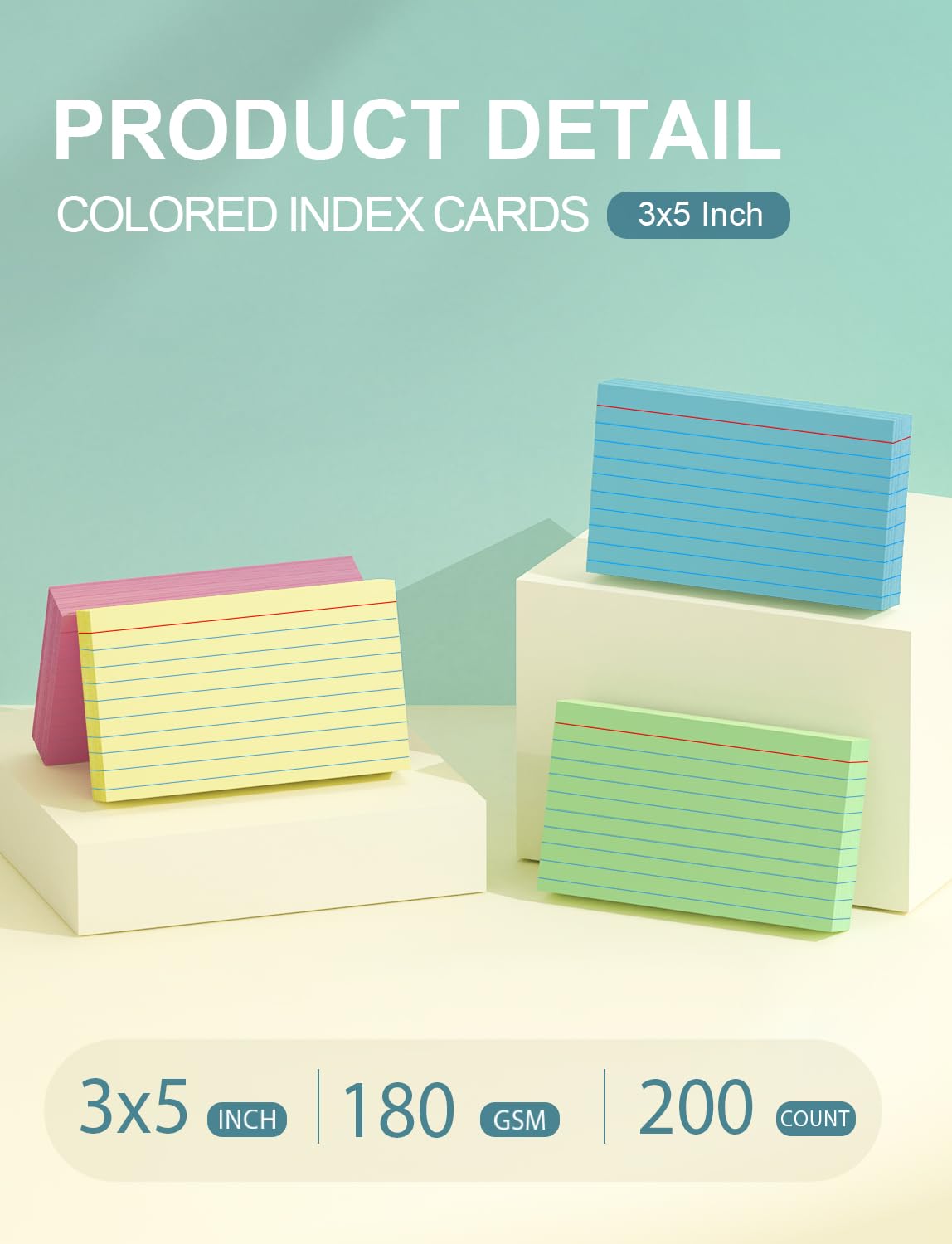 Snapklik.com : Colored Index Cards 3x5 Inch - 200 Pack, Ruled Index ...
