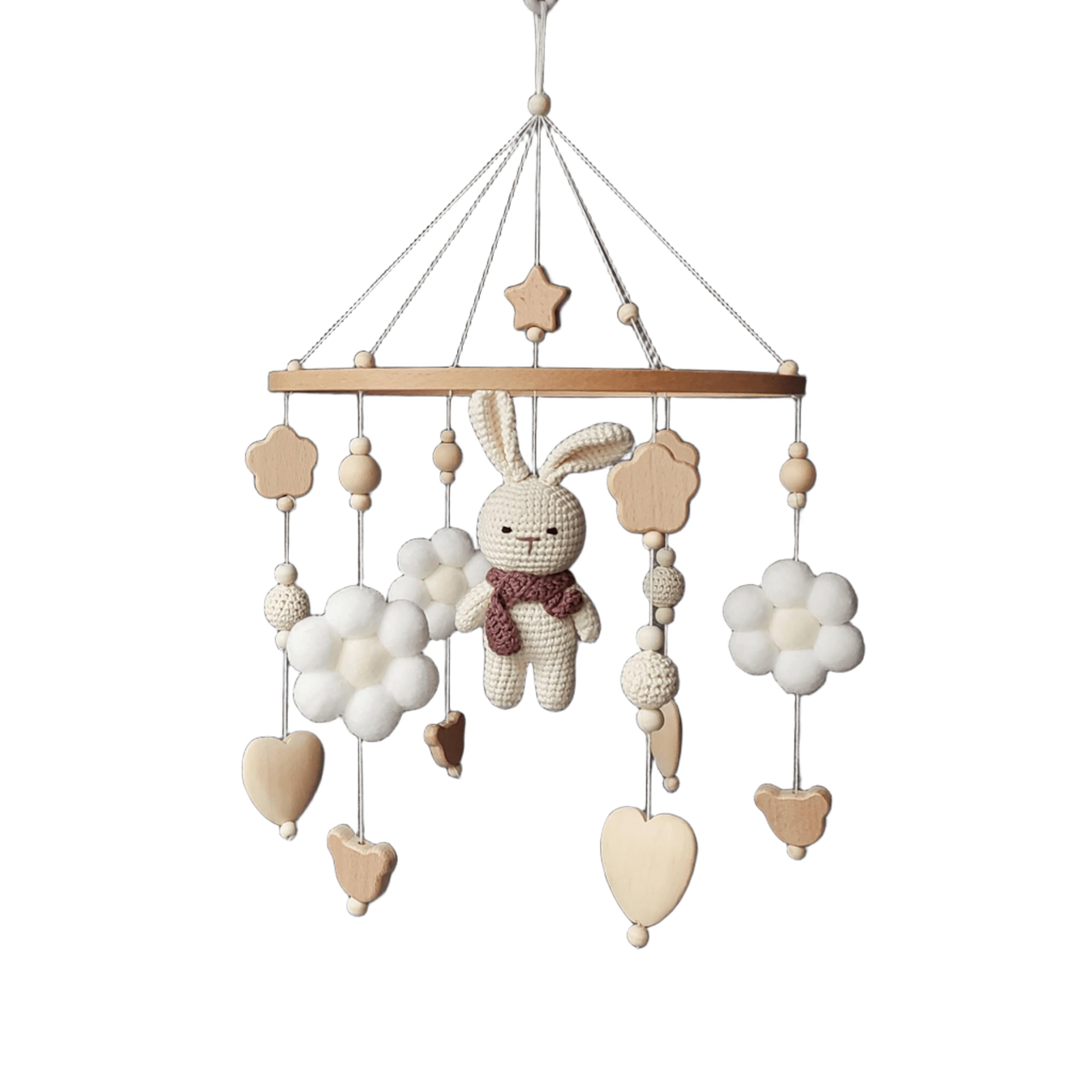 Gehäkeltes Baby Mobile Hase – Mädchen Krippen Deko aus Holz, Crochet Bunny Babybett-Anhänger, Neutraler Waldtier Nursery Schmuck – Handgemachtes Geschenk zur Babyparty