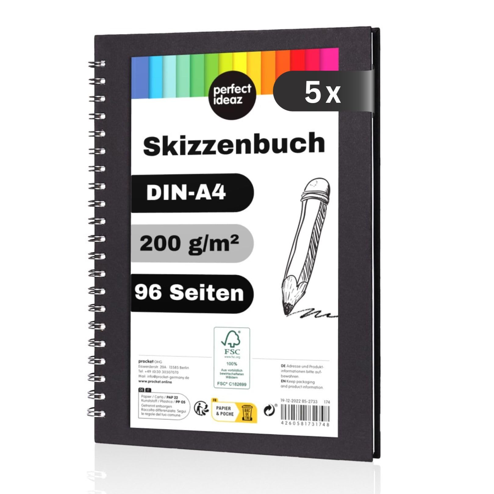 perfect ideaz - Set di 5 album da disegno DIN A4, rilegatura a spirale, certificato FSC, 96 pagine (48 fogli), copertina rigida nera, Sketchbook, carta spessa 200 g/m², senza acidi (5 libri)