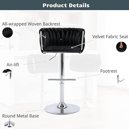 Miniatura 5 de HEAH-YO Juego de 2 taburetes de bar giratorios, taburetes de bar ajustables de altura de mostrador con respaldos tejidos y base plateada estable,