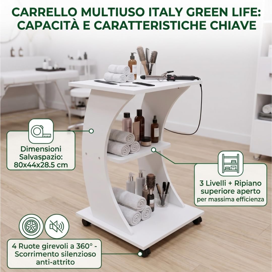 Italy Green Life - Carrello Curvo con Ruote Multiuso in Legno a 3 Ripiani - Mobiletto Salvaspazio 45x45x80 cm - Carrello Estetista - Tavolino con Rotelle Silenziose - Made in Italy