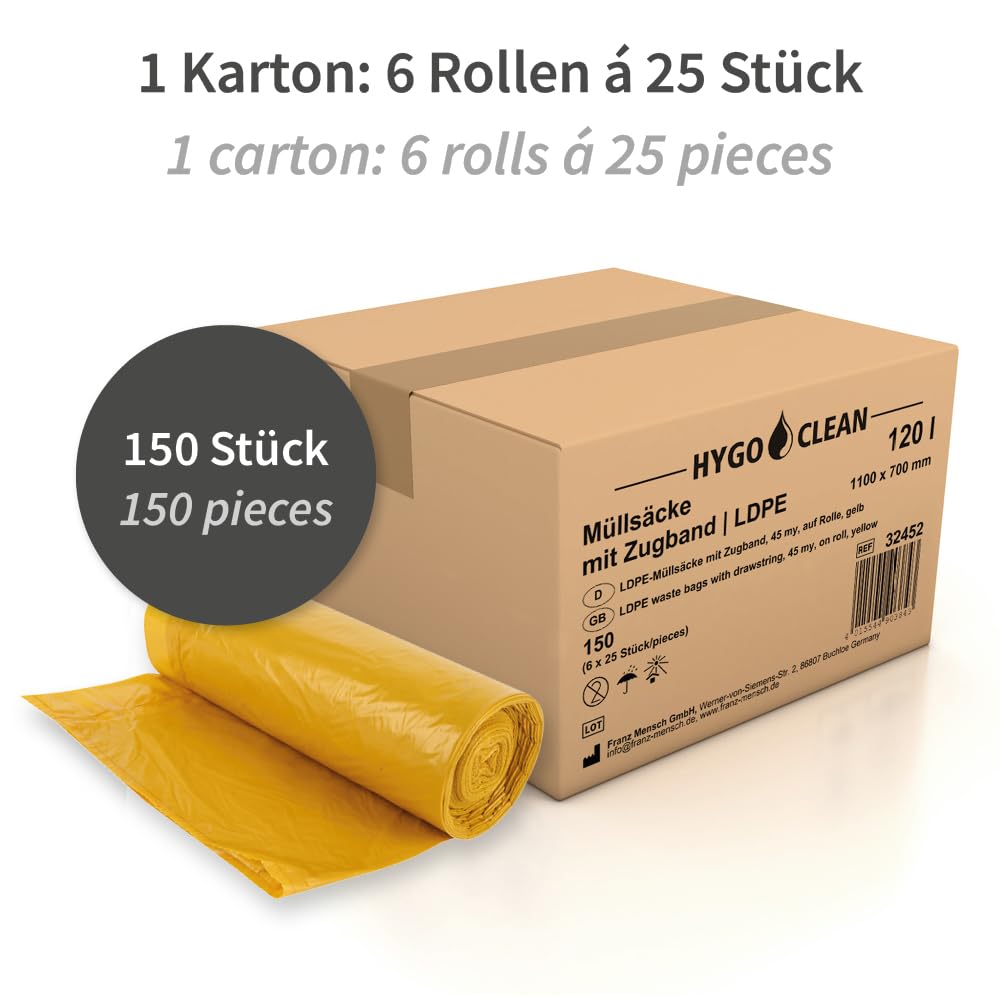 150 Stück, Müllsäcke, FRANZ MENSCH, 120 l, gelb, Zugband, LDPE, 45my, Rolle | 110 x 70 cm, recycelt, stabil, reißfest, Müllbeutel, Mülltüten, trash bags, für Mülltonnen, Garten